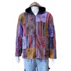 Purple Zip Front Fleece Lined Patchwork Hooded Jacket